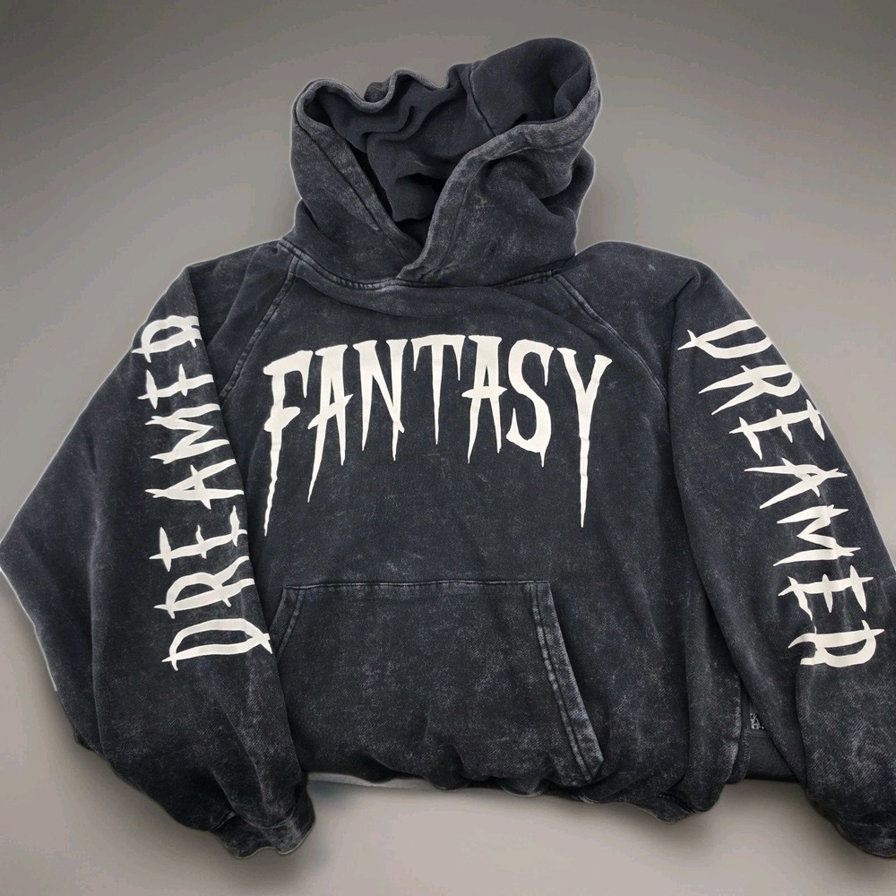 Social Collision Acid Wash Hoodie Womens XL Black Gothic Fantasy Dreamer Cropped